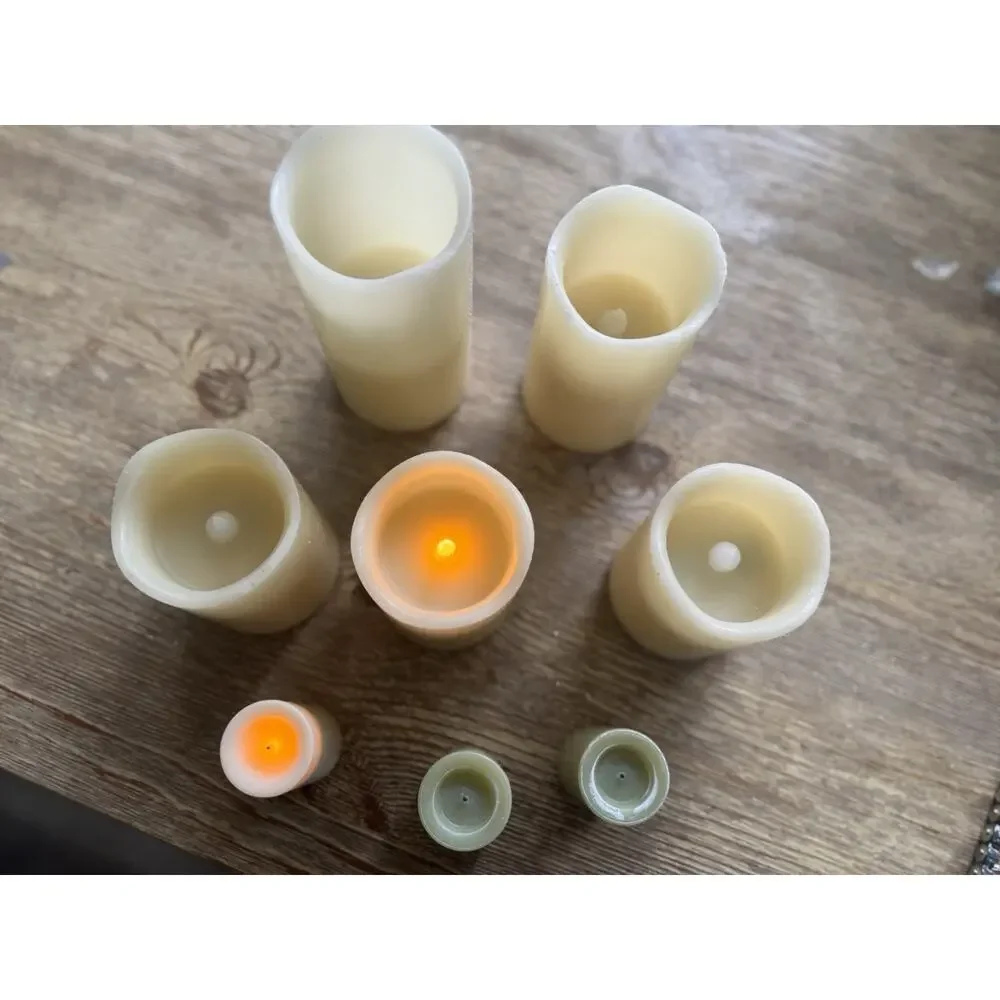 Set Of 8 Pillar Flameless Battery-Operated Wax Candles Ivory Sage. 3” 4” 5” 6”